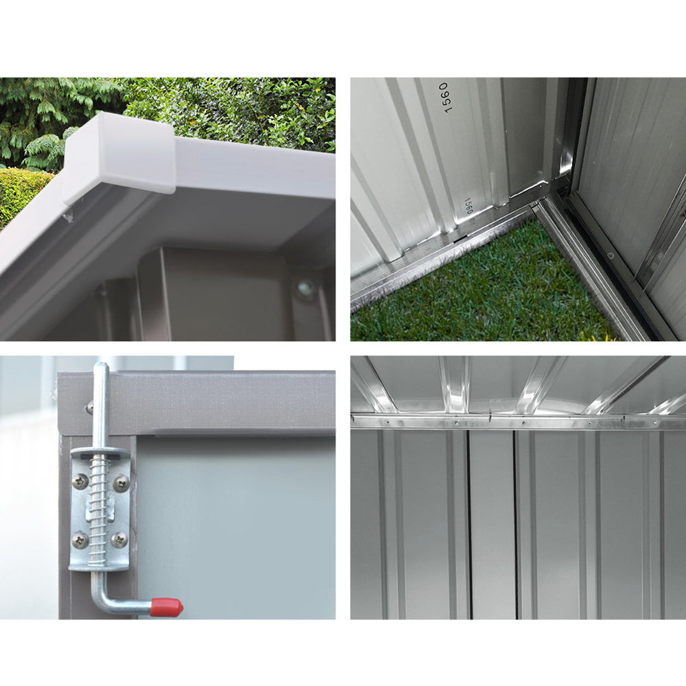 A small, grey Giantz Garden Shed 1.95x1.31M Sheds Outdoor Storage Steel Workshop House Tool Double Door with a slightly slanted roof and open double doors. Constructed from galvanized steel, it reveals a spacious interior perfect for storage. The shed is set against a plain background, offering robust weatherproof protection for your belongings.