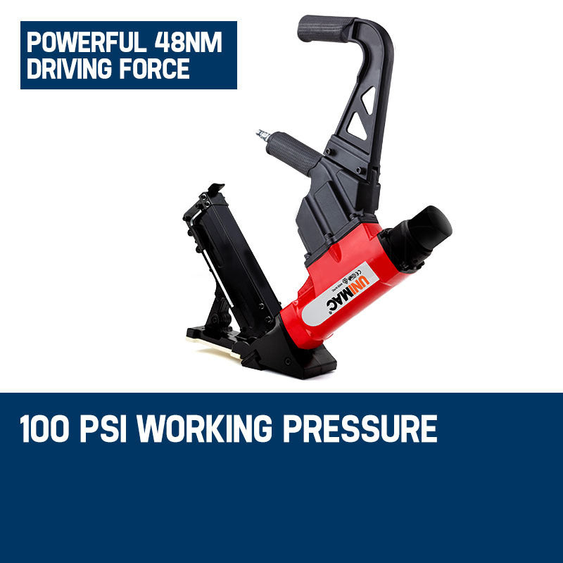 A red and black UNIMAC Pneumatic Flooring Nailer Staple Gun Floor Gas Nail Cleat Stapler with a black handle featuring a cushioned grip. The sleek pneumatic nailer has a magazine for nails attached at an angle and is perfect for hardwood flooring. The base is equipped with a footplate for stability during use.