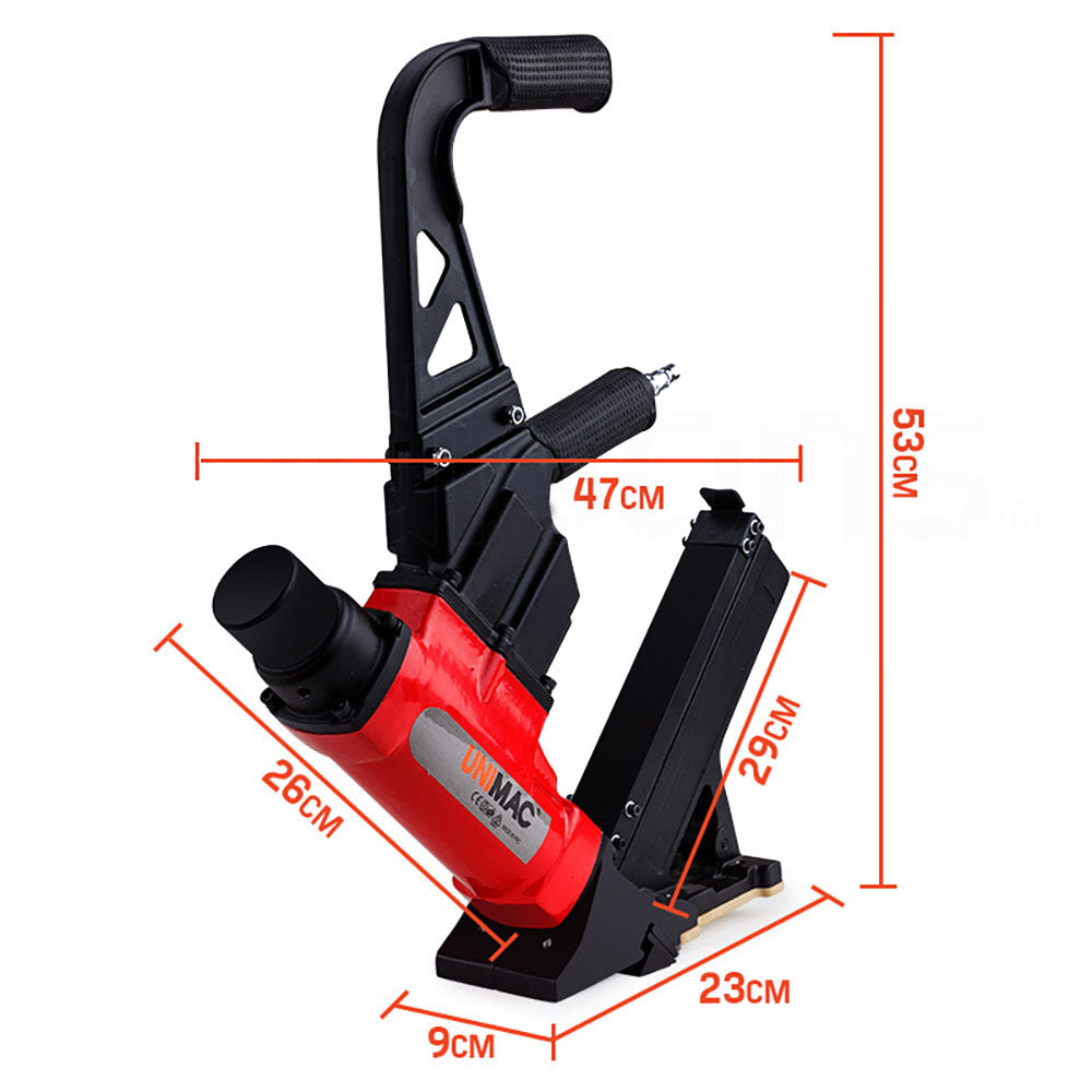 A red and black UNIMAC Pneumatic Flooring Nailer Staple Gun Floor Gas Nail Cleat Stapler with a black handle featuring a cushioned grip. The sleek pneumatic nailer has a magazine for nails attached at an angle and is perfect for hardwood flooring. The base is equipped with a footplate for stability during use.