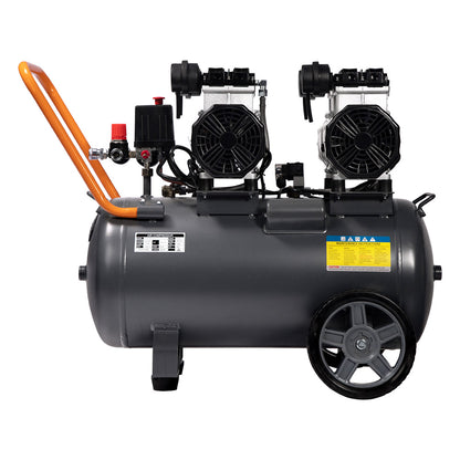 The large, black Giantz 50L Air Compressor 3.0HP Oil-Free Quiet Electric Portable Air Inflator boasts an efficient oilless lubrication system and a spacious 50L compressor. It features two black motors on top, pressure gauges, and a control panel on one side. With two large wheels, a small front support, and an orange handle, it ensures easy maneuverability.