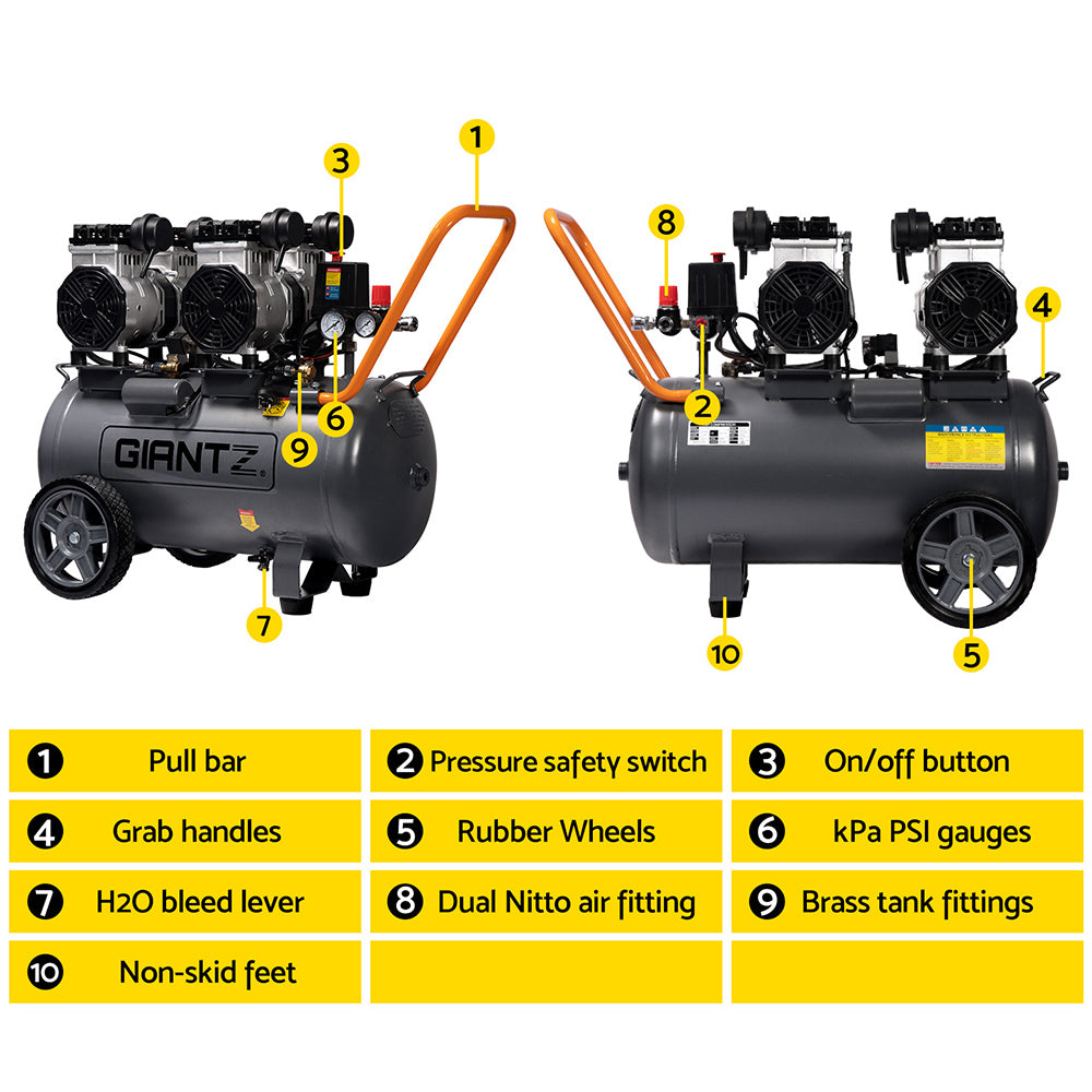 The large, black Giantz 50L Air Compressor 3.0HP Oil-Free Quiet Electric Portable Air Inflator boasts an efficient oilless lubrication system and a spacious 50L compressor. It features two black motors on top, pressure gauges, and a control panel on one side. With two large wheels, a small front support, and an orange handle, it ensures easy maneuverability.