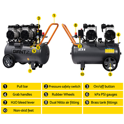 The large, black Giantz 50L Air Compressor 3.0HP Oil-Free Quiet Electric Portable Air Inflator boasts an efficient oilless lubrication system and a spacious 50L compressor. It features two black motors on top, pressure gauges, and a control panel on one side. With two large wheels, a small front support, and an orange handle, it ensures easy maneuverability.