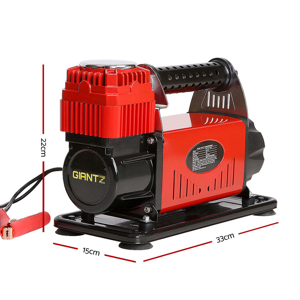 A Giantz Air Compressor 12V 4x4 Tyre 320L/min Deflator Inflator Car Truck Portable with a red and black exterior sits beside a yellow coiled hose and red and black alligator clips. Labeled "GRITZ," it boasts a 540W motor, accurate pressure gauge, and various nozzles and connectors, highlighting its versatility.