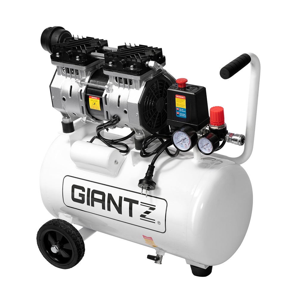 The Giantz 24L Air Compressor 40 L/min 115psi Oil-Free Electric Portable Inflator boasts a white cylindrical tank, black handle, and two wheels for portability. Equipped with dual gauges, pressure control knobs, and an electric motor, its oilless lubrication ensures ultra-quiet operation, making it perfect for various pneumatic tools.