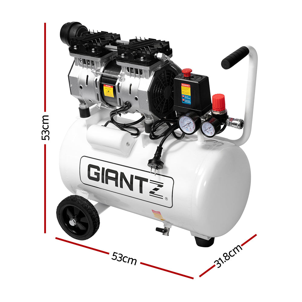 The Giantz 24L Air Compressor 40 L/min 115psi Oil-Free Electric Portable Inflator boasts a white cylindrical tank, black handle, and two wheels for portability. Equipped with dual gauges, pressure control knobs, and an electric motor, its oilless lubrication ensures ultra-quiet operation, making it perfect for various pneumatic tools.