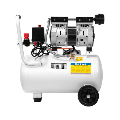 The Giantz 24L Air Compressor 40 L/min 115psi Oil-Free Electric Portable Inflator boasts a white cylindrical tank, black handle, and two wheels for portability. Equipped with dual gauges, pressure control knobs, and an electric motor, its oilless lubrication ensures ultra-quiet operation, making it perfect for various pneumatic tools.