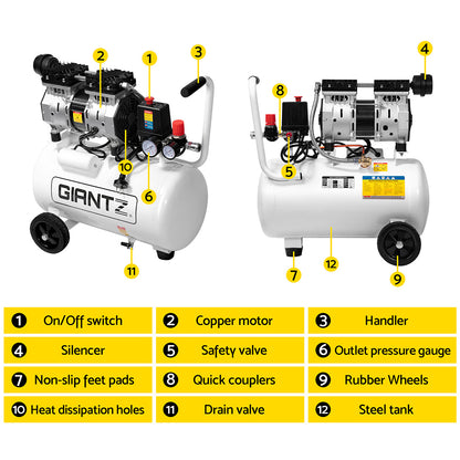 The Giantz 24L Air Compressor 40 L/min 115psi Oil-Free Electric Portable Inflator boasts a white cylindrical tank, black handle, and two wheels for portability. Equipped with dual gauges, pressure control knobs, and an electric motor, its oilless lubrication ensures ultra-quiet operation, making it perfect for various pneumatic tools.