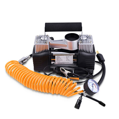 A Giantz Air Compressor 12V 4x4 Tyre 85L/min Deflator Inflator Car Truck Portable with dimensions: 13.5cm width, 19cm height, 10.5cm depth, and 24.5cm length. It features a black handle on top, a silver dual-cylinder body capable of reaching 150 psi, and a black hose attached. Controls include an On/Off switch and a pressure gauge.