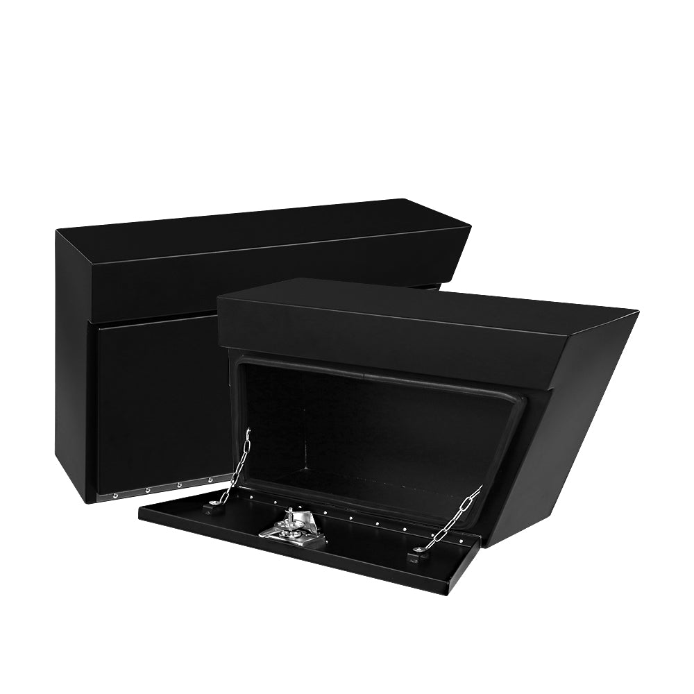 Two black **Giantz Steel Ute Tool Box Right Toolbox Under Tray Vehicle Storage Locks** are shown. One is closed, while the other is open, revealing a spacious, weather-resistant interior. The open lid is supported by two metal chains. Both heavy-duty steel boxes have a sleek, angular design for storage or organizing tools and accessories.