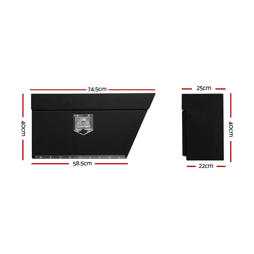 Two black **Giantz Steel Ute Tool Box Right Toolbox Under Tray Vehicle Storage Locks** are shown. One is closed, while the other is open, revealing a spacious, weather-resistant interior. The open lid is supported by two metal chains. Both heavy-duty steel boxes have a sleek, angular design for storage or organizing tools and accessories.