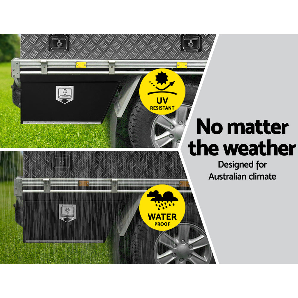 Two black **Giantz Steel Ute Tool Box Right Toolbox Under Tray Vehicle Storage Locks** are shown. One is closed, while the other is open, revealing a spacious, weather-resistant interior. The open lid is supported by two metal chains. Both heavy-duty steel boxes have a sleek, angular design for storage or organizing tools and accessories.