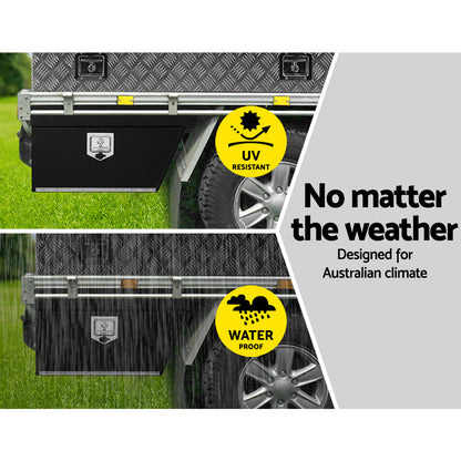 Two black **Giantz Steel Ute Tool Box Right Toolbox Under Tray Vehicle Storage Locks** are shown. One is closed, while the other is open, revealing a spacious, weather-resistant interior. The open lid is supported by two metal chains. Both heavy-duty steel boxes have a sleek, angular design for storage or organizing tools and accessories.