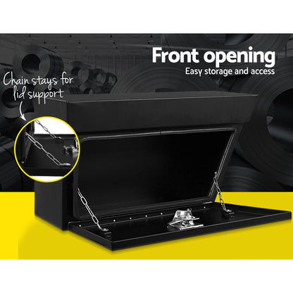 Two black **Giantz Steel Ute Tool Box Right Toolbox Under Tray Vehicle Storage Locks** are shown. One is closed, while the other is open, revealing a spacious, weather-resistant interior. The open lid is supported by two metal chains. Both heavy-duty steel boxes have a sleek, angular design for storage or organizing tools and accessories.