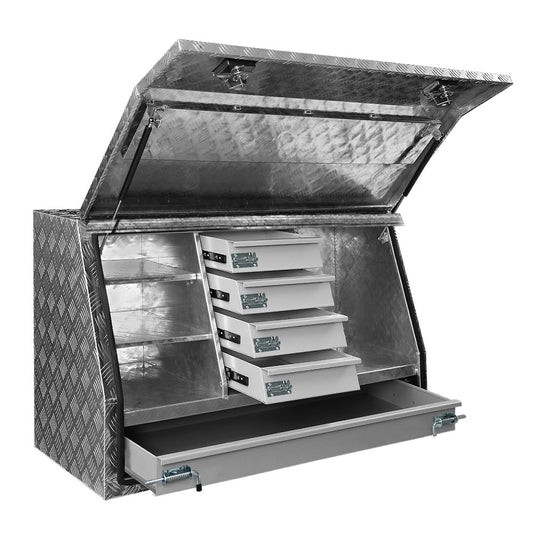 An open Giantz Aluminium Ute Tool Box Drawers Storage Truck Trailer Lock with a diamond plate pattern, featuring several shelves and five drawers. The lid is propped open, revealing the interior compartments designed for organizing tools and equipment. Crafted from marine grade aluminium, it ensures durable and resilient tool storage.