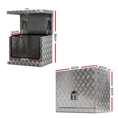 A durable aluminium tool box, this metallic, cube-shaped storage solution features a textured, diamond-plate surface. It has a secure latch at the front for locking. Reflecting light effortlessly, it's built to withstand heavy-duty or industrial use, making it an ideal Giantz Aluminium Ute Tool Box Generator Trailer Truck Storage Lock.