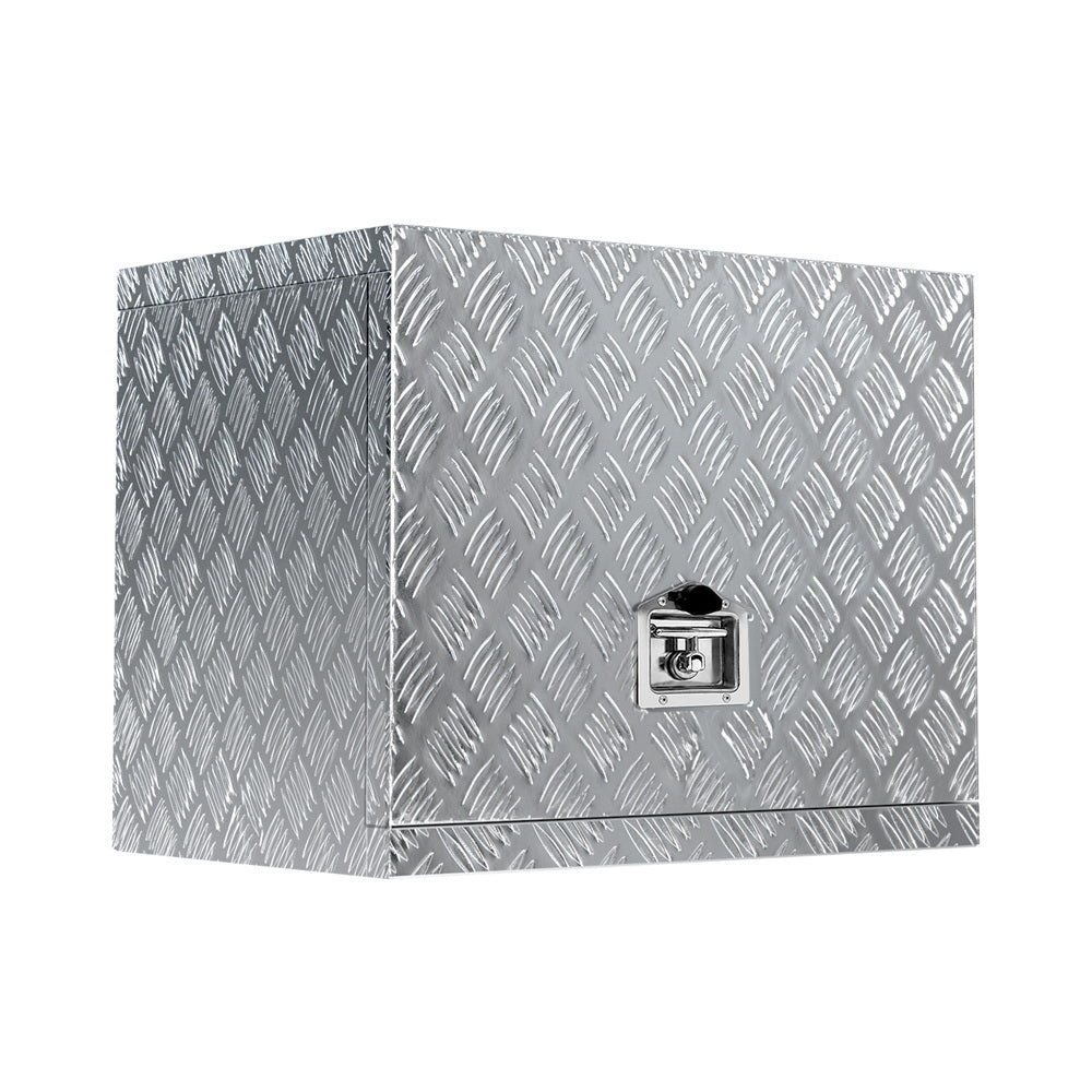 A large silver Giantz Aluminium Ute Tool Box Under Tray Heavy Duty Vehicle Chest Storage with a diamond plate pattern and a lockable latch on the front. This weather-resistant toolbox is shown closed, set against a plain white background.