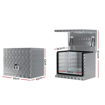 A large silver Giantz Aluminium Ute Tool Box Under Tray Heavy Duty Vehicle Chest Storage with a diamond plate pattern and a lockable latch on the front. This weather-resistant toolbox is shown closed, set against a plain white background.