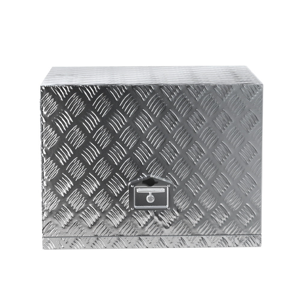 A large silver Giantz Aluminium Ute Tool Box Under Tray Heavy Duty Vehicle Chest Storage with a diamond plate pattern and a lockable latch on the front. This weather-resistant toolbox is shown closed, set against a plain white background.