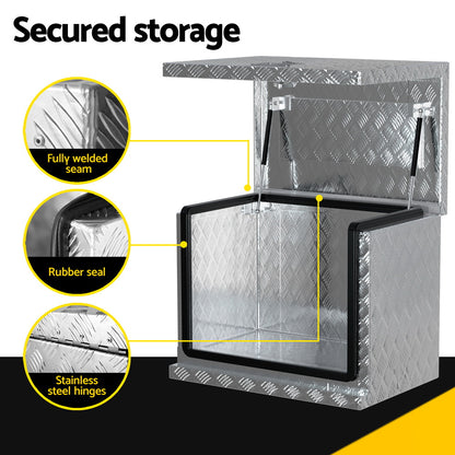 A large silver Giantz Aluminium Ute Tool Box Under Tray Heavy Duty Vehicle Chest Storage with a diamond plate pattern and a lockable latch on the front. This weather-resistant toolbox is shown closed, set against a plain white background.