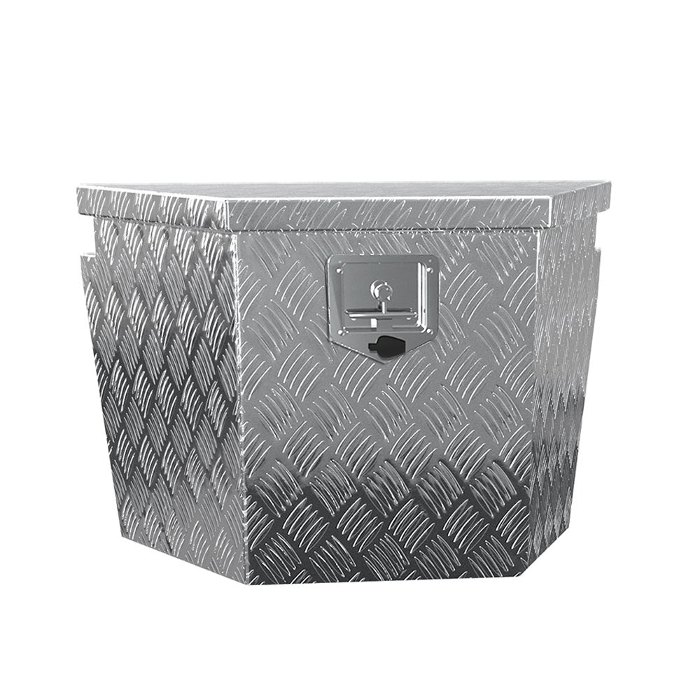 The Giantz Aluminium Ute Tool Box Storage Lock Box Ute Trailer Vehicle Truck features a heavy-duty aluminum diamond plate with a top-lid opening, secured by a silver latch in the center front. This weather and dust-resistant toolbox has a rugged, industrial appearance, making it perfect for storing tools and equipment.