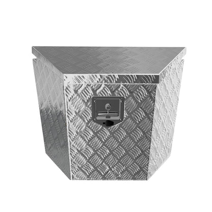 The Giantz Aluminium Ute Tool Box Storage Lock Box Ute Trailer Vehicle Truck features a heavy-duty aluminum diamond plate with a top-lid opening, secured by a silver latch in the center front. This weather and dust-resistant toolbox has a rugged, industrial appearance, making it perfect for storing tools and equipment.