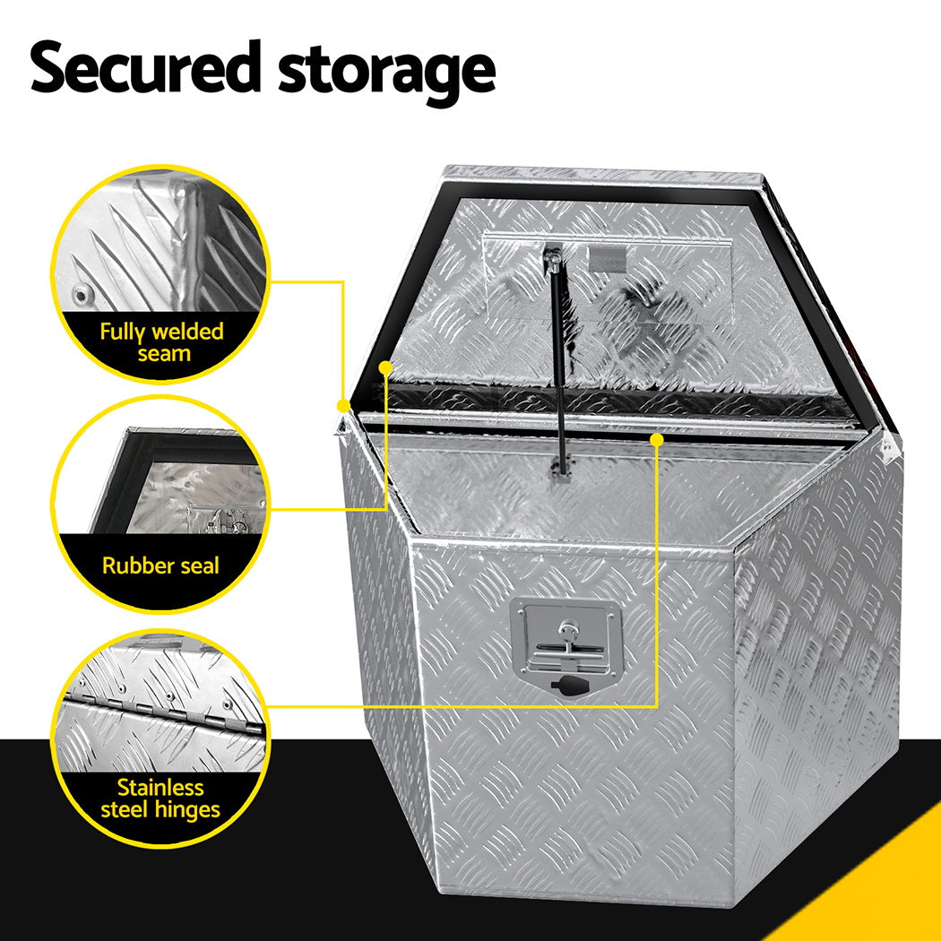 The Giantz Aluminium Ute Tool Box Storage Lock Box Ute Trailer Vehicle Truck features a heavy-duty aluminum diamond plate with a top-lid opening, secured by a silver latch in the center front. This weather and dust-resistant toolbox has a rugged, industrial appearance, making it perfect for storing tools and equipment.