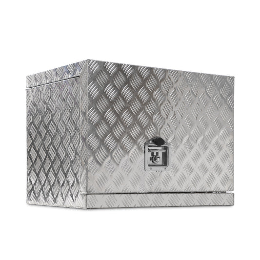 A heavy-duty aluminium tool box with a diamond plate pattern, this storage solution features a shiny finish and a secure lockable latch on the front, making it perfect as a Giantz Aluminium Ute Tool Box Storage Toolbox Generator Truck Trailer Lock.