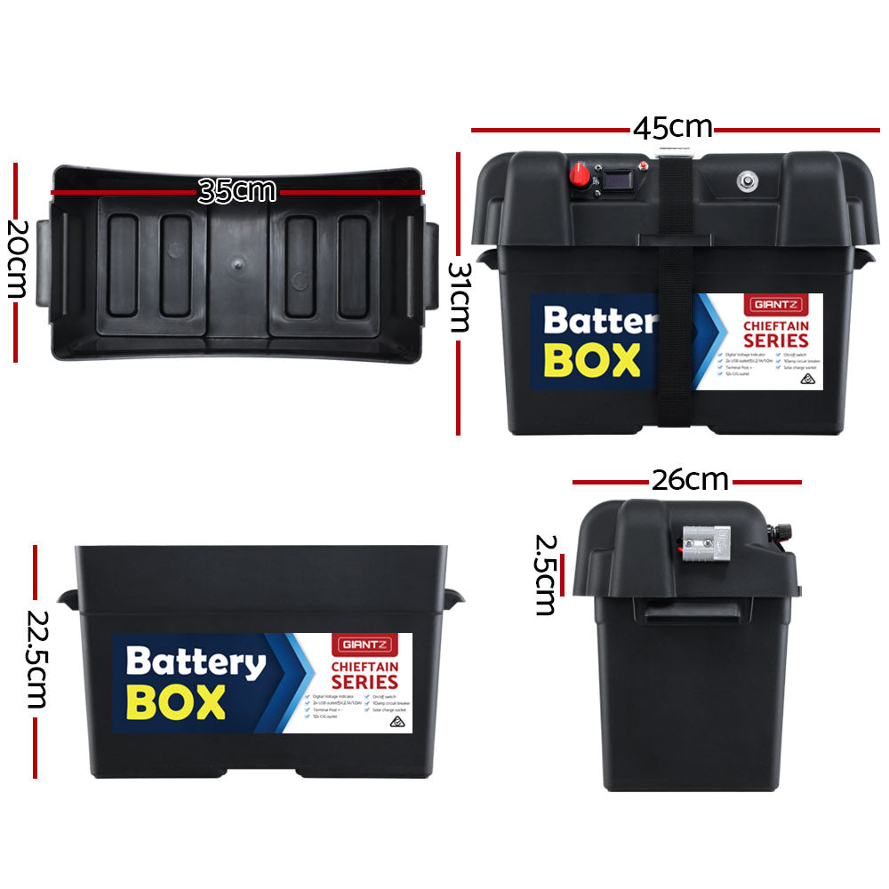 A black battery box labeled "Giantz AGM Battery Box 12v XL Deep Cycle Portable Solar Caravan Camping" and featuring "Giantz Chieftain Series" branding. This deep cycle battery box includes a digital display and a securing strap, making it ideal for portable power station needs.