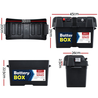 A black battery box labeled "Giantz AGM Battery Box 12v XL Deep Cycle Portable Solar Caravan Camping" and featuring "Giantz Chieftain Series" branding. This deep cycle battery box includes a digital display and a securing strap, making it ideal for portable power station needs.