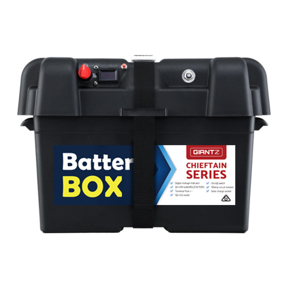 A black battery box labeled "Giantz AGM Battery Box 12v XL Deep Cycle Portable Solar Caravan Camping" and featuring "Giantz Chieftain Series" branding. This deep cycle battery box includes a digital display and a securing strap, making it ideal for portable power station needs.