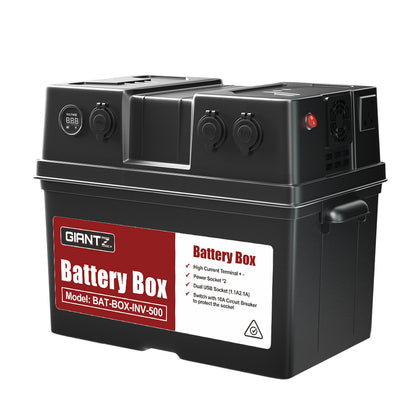 A heavy-duty black Giantz Battery Box 500W Inverter Deep Cycle Battery Portable Caravan Camping USB labeled "Model: BAT-BOX-INV-500." The box features multiple ports, switches, a digital display screen, and a carrying handle. Perfect for car battery storage or emergency power, specifications and instructions are printed on a red and white label on the front.