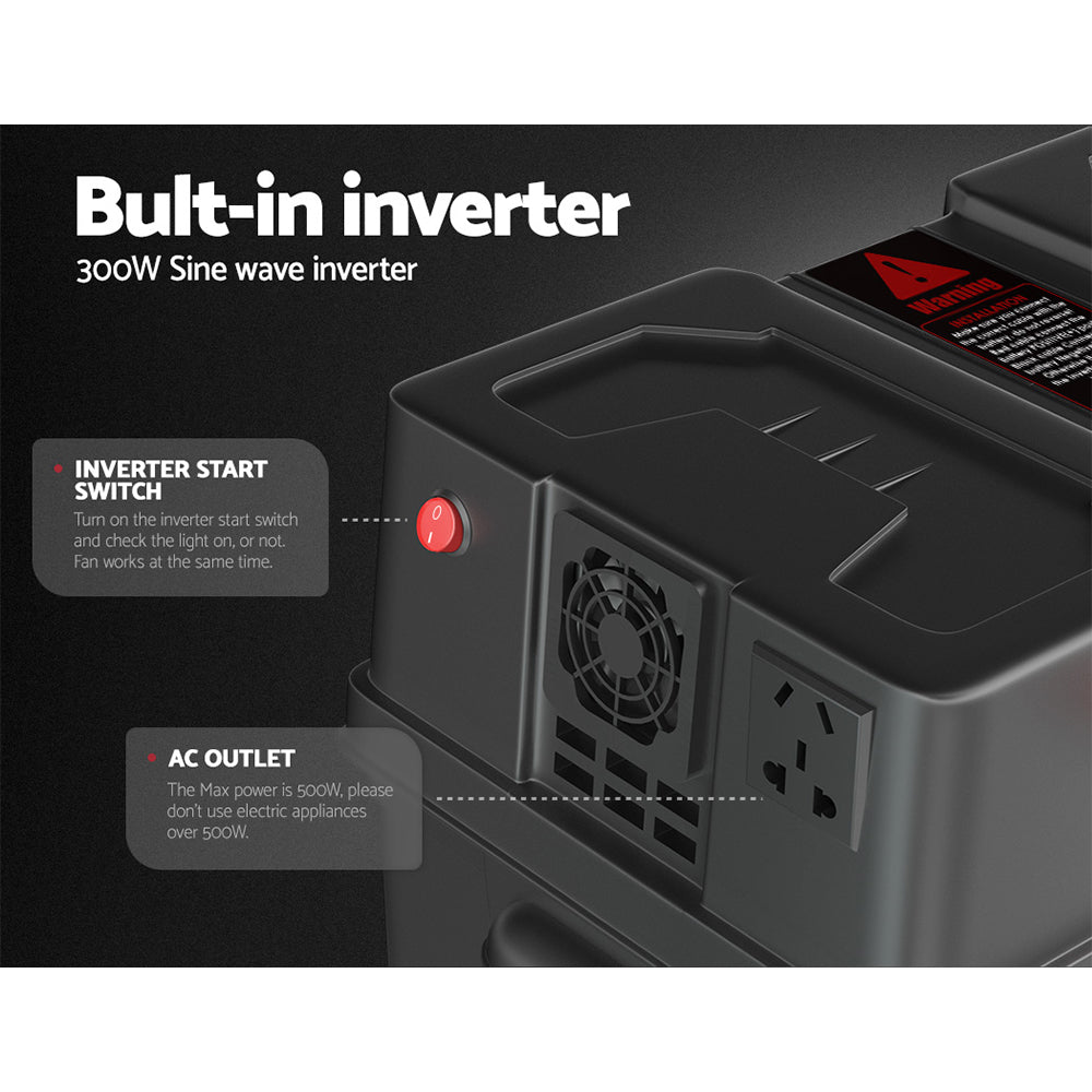 A heavy-duty black Giantz Battery Box 500W Inverter Deep Cycle Battery Portable Caravan Camping USB labeled "Model: BAT-BOX-INV-500." The box features multiple ports, switches, a digital display screen, and a carrying handle. Perfect for car battery storage or emergency power, specifications and instructions are printed on a red and white label on the front.