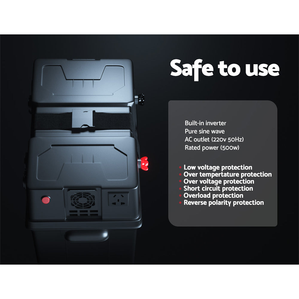 A heavy-duty black Giantz Battery Box 500W Inverter Deep Cycle Battery Portable Caravan Camping USB labeled "Model: BAT-BOX-INV-500." The box features multiple ports, switches, a digital display screen, and a carrying handle. Perfect for car battery storage or emergency power, specifications and instructions are printed on a red and white label on the front.