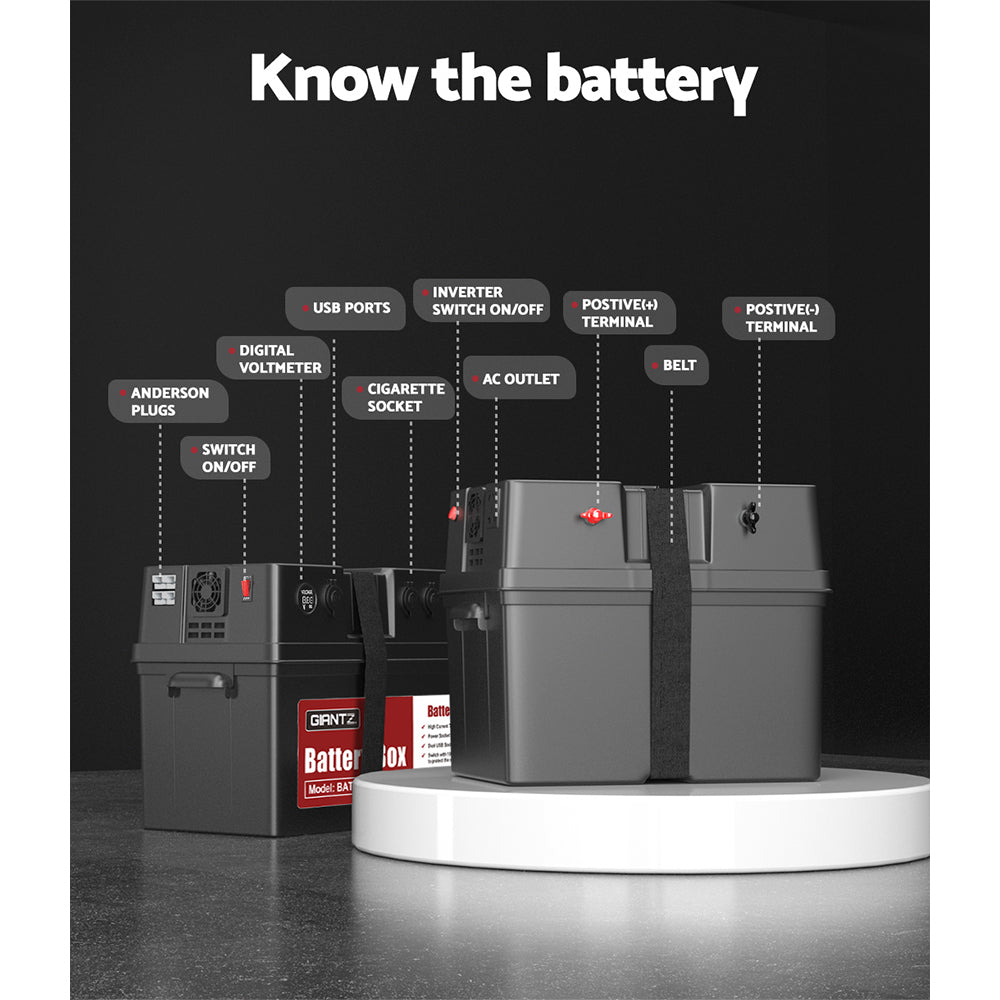 A heavy-duty black Giantz Battery Box 500W Inverter Deep Cycle Battery Portable Caravan Camping USB labeled "Model: BAT-BOX-INV-500." The box features multiple ports, switches, a digital display screen, and a carrying handle. Perfect for car battery storage or emergency power, specifications and instructions are printed on a red and white label on the front.