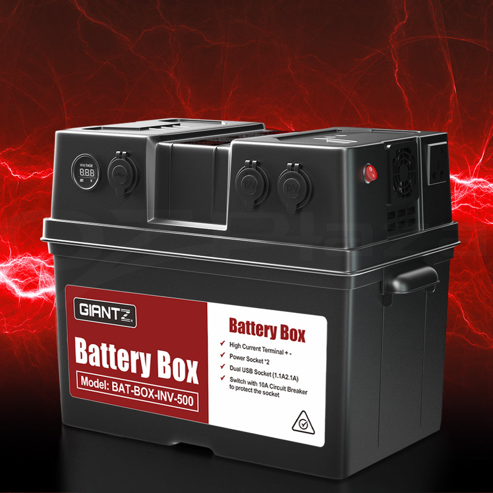 A heavy-duty black Giantz Battery Box 500W Inverter Deep Cycle Battery Portable Caravan Camping USB labeled "Model: BAT-BOX-INV-500." The box features multiple ports, switches, a digital display screen, and a carrying handle. Perfect for car battery storage or emergency power, specifications and instructions are printed on a red and white label on the front.