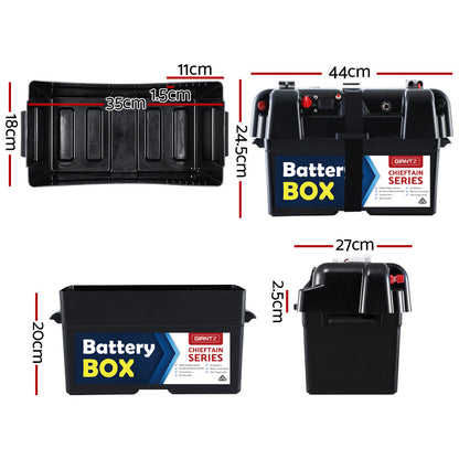 A black battery box labeled "Giantz AGM Battery Box 12v Large Deep Cycle Box Portable Solar Caravan Camping" with a white label on the side that reads "GIANTZ Chieftain Series." This 12V battery box features a strap around it, various plugs, connectors, and buttons on the top.