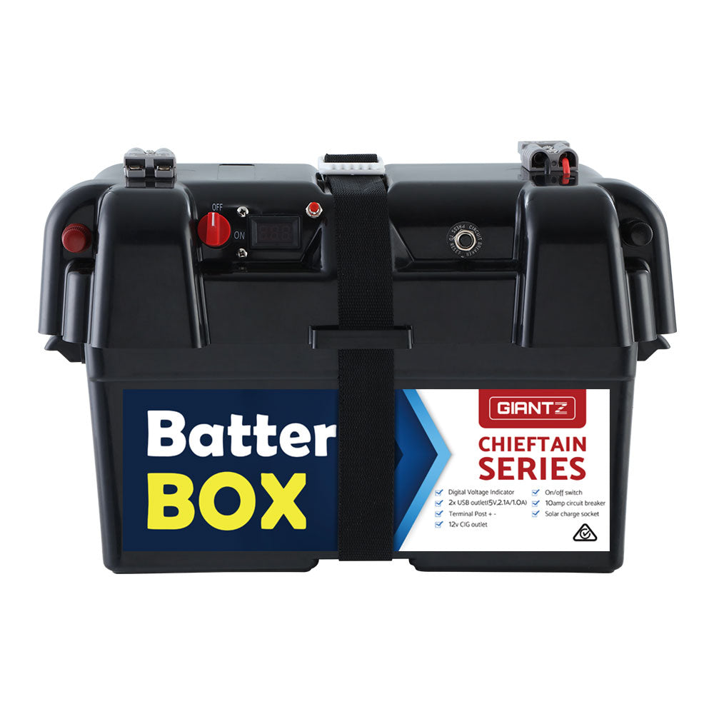 A black battery box labeled "Giantz AGM Battery Box 12v Large Deep Cycle Box Portable Solar Caravan Camping" with a white label on the side that reads "GIANTZ Chieftain Series." This 12V battery box features a strap around it, various plugs, connectors, and buttons on the top.