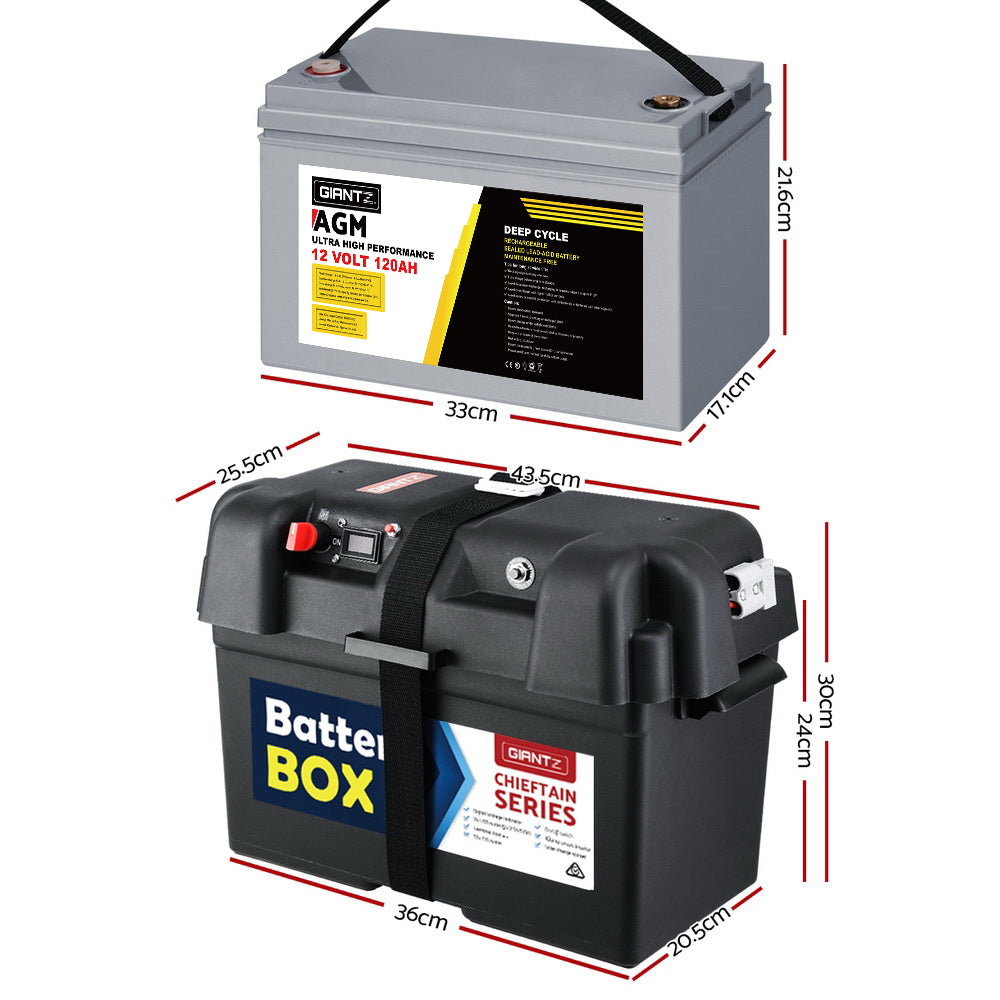 A gray deep cycle 120Ah 12V battery labeled "Giantz AGM Deep Cycle Battery 12V 120Ah Box Portable Solar Caravan Camping" is pictured in front of a black battery box. Featuring AGM technology, the battery has a handle on top for easy carrying. Text and safety symbols are visible on the label, highlighting its deep discharge recovery capability.