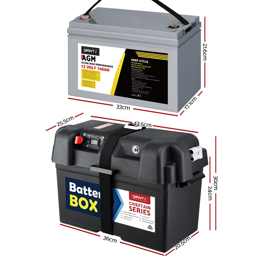 A Giantz AGM Deep Cycle Battery 12V 140Ah Box Portable Solar Caravan Camping with a gray casing is placed in front of a black battery box. The label displays the brand "GIANTZ" and its specifications. The black battery box has red and black terminal access, a carrying handle on top, and is perfect for powering 12V devices.