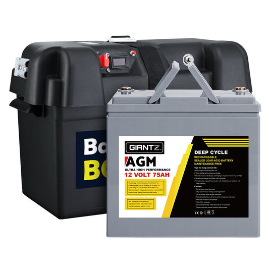 A Giantz AGM Deep Cycle Battery 12V 75Ah Box Portable Solar Caravan Camping sits in front of a black Battery Box with a handle and digital display. The battery, featuring advanced AGM technology, has a gray casing with black and yellow labeling.