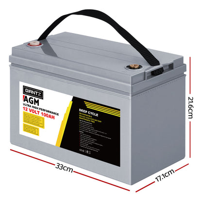 Two large, rectangular gray batteries equipped with black carrying handles and vibrant yellow, red, and white labels displaying "Giantz AGM Deep Cycle Battery 12V 100Ah x2 Box Portable Solar Caravan Camping." Both portable deep cycle batteries feature specifications listed on their labels, emphasizing the advanced AGM technology.