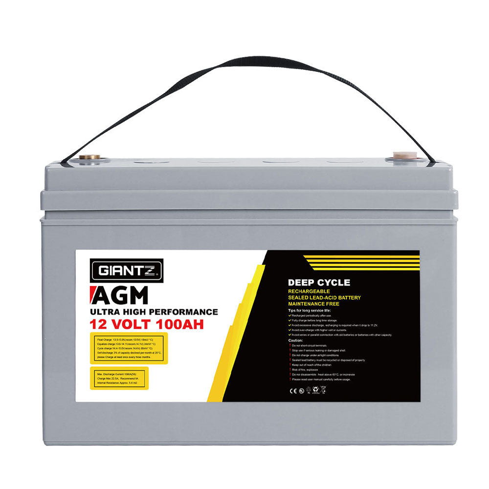 Two large, rectangular gray batteries equipped with black carrying handles and vibrant yellow, red, and white labels displaying "Giantz AGM Deep Cycle Battery 12V 100Ah x2 Box Portable Solar Caravan Camping." Both portable deep cycle batteries feature specifications listed on their labels, emphasizing the advanced AGM technology.