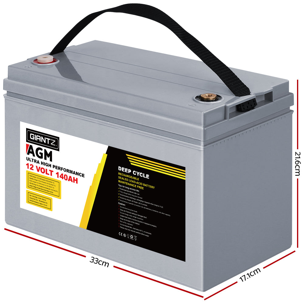 A grey Giantz AGM Deep Cycle Battery 12V 140Ah Box Portable Solar Caravan Camping is shown. The label indicates it is designed for high performance and is maintenance-free. Featuring AGM technology and a carrying handle on top, this portable power supply by Giantz ensures durability and ease of use.