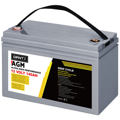 A grey Giantz AGM Deep Cycle Battery 12V 140Ah Box Portable Solar Caravan Camping is shown. The label indicates it is designed for high performance and is maintenance-free. Featuring AGM technology and a carrying handle on top, this portable power supply by Giantz ensures durability and ease of use.