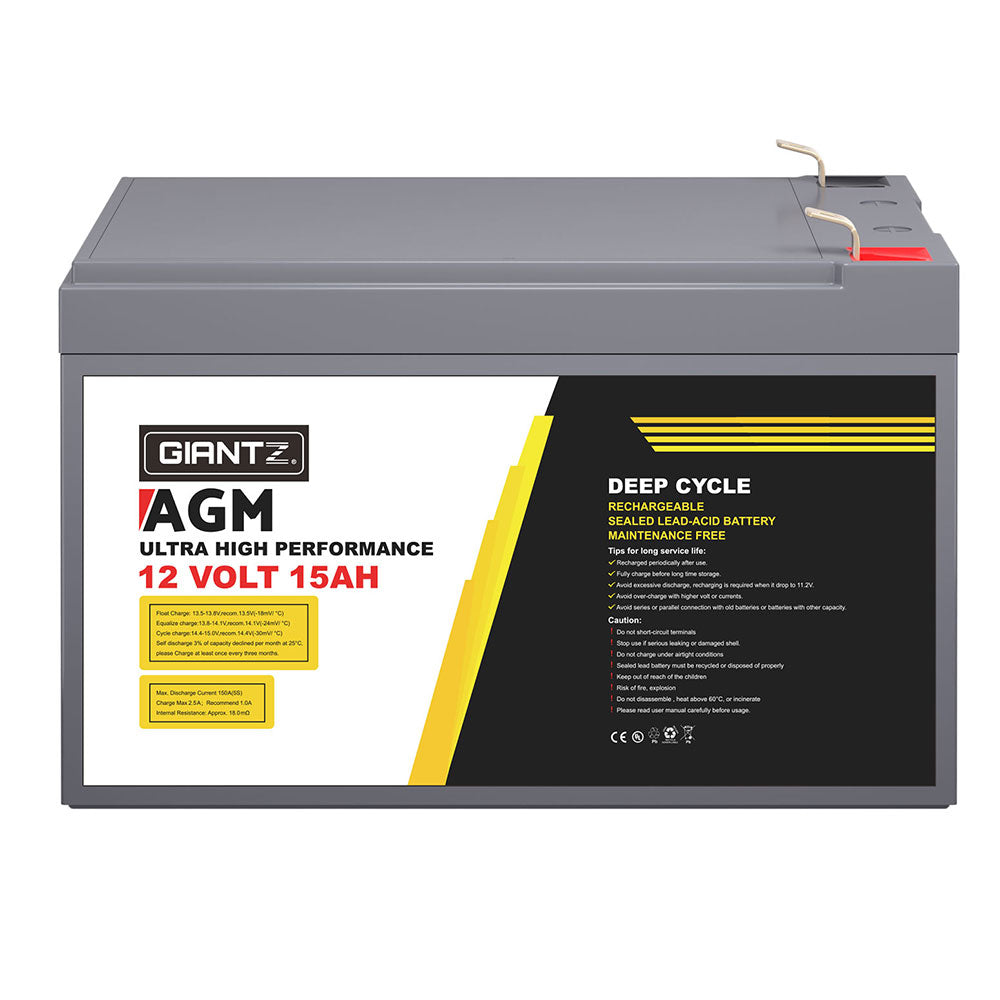 A rectangular, grey Giantz AGM Battery 12V 15Ah Deep Cycle Box Portable Solar Caravan Camping labeled "GIANTZ," with "12 Volt 15AH" and "Ultra High Performance" written on it. The battery has metal terminals on top and additional text in smaller print on the yellow and black label detailing its AGM technology and features as a portable power supply.