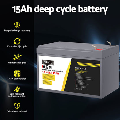 A rectangular, grey Giantz AGM Battery 12V 15Ah Deep Cycle Box Portable Solar Caravan Camping labeled "GIANTZ," with "12 Volt 15AH" and "Ultra High Performance" written on it. The battery has metal terminals on top and additional text in smaller print on the yellow and black label detailing its AGM technology and features as a portable power supply.