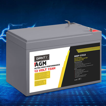 A rectangular, grey Giantz AGM Battery 12V 15Ah Deep Cycle Box Portable Solar Caravan Camping labeled "GIANTZ," with "12 Volt 15AH" and "Ultra High Performance" written on it. The battery has metal terminals on top and additional text in smaller print on the yellow and black label detailing its AGM technology and features as a portable power supply.