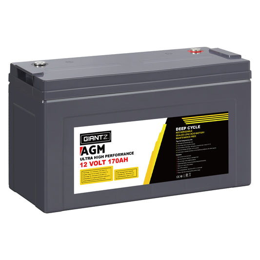 A rectangular, deep cycle AGM technology battery labeled "Giantz AGM Deep Cycle Battery 12V 170Ah Box Portable Solar Caravan Camping." The battery is primarily gray with a black, white, and yellow label detailing its specifications. Positive and negative terminals are visible on top.