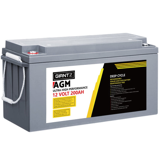 A large, rectangular, gray-colored sealed lead-acid battery with handles on the sides. The label on the front indicates it is a "Giantz AGM Deep Cycle Battery 12V 200Ah Box Portable Solar Caravan Camping," utilizing AGM technology. The label also states it is a maintenance-free deep cycle battery.