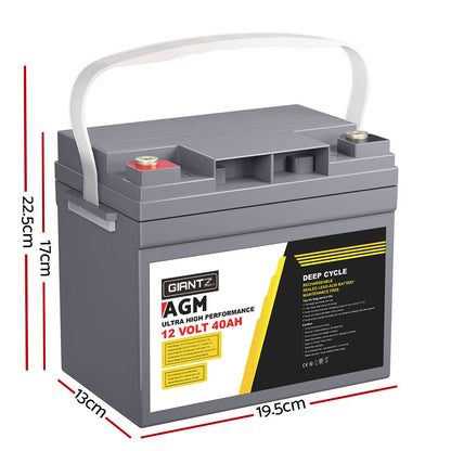 A gray Giantz AGM Battery 12V 40Ah Deep Cycle Box Portable Solar Caravan Camping with a white handle, rated at 12 volts and 40 ampere-hours (AH). This portable power source features red and black terminals and a detailed label on the front outlining its innovative AGM Technology and performance specs.